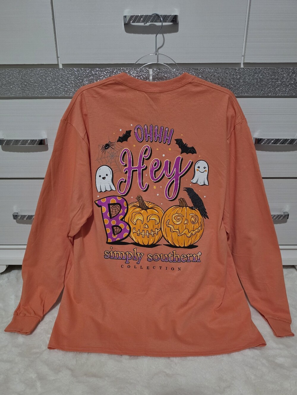Simply Southern Orange Womens Long Sleeve Tee with Halloween 'Hey Boo' Graphic